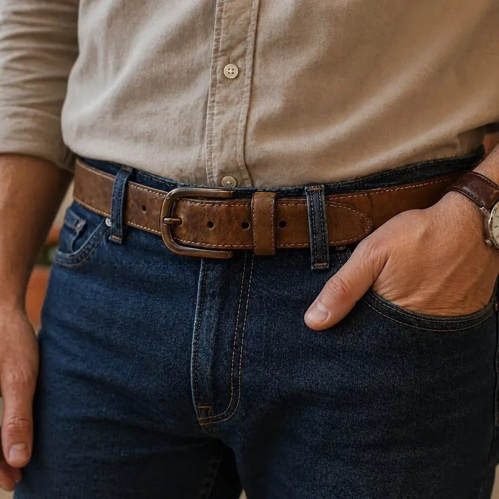 Johnston & Murphy Leather Belt Mens 38 Brown Distressed Oiled Contrast Stitched